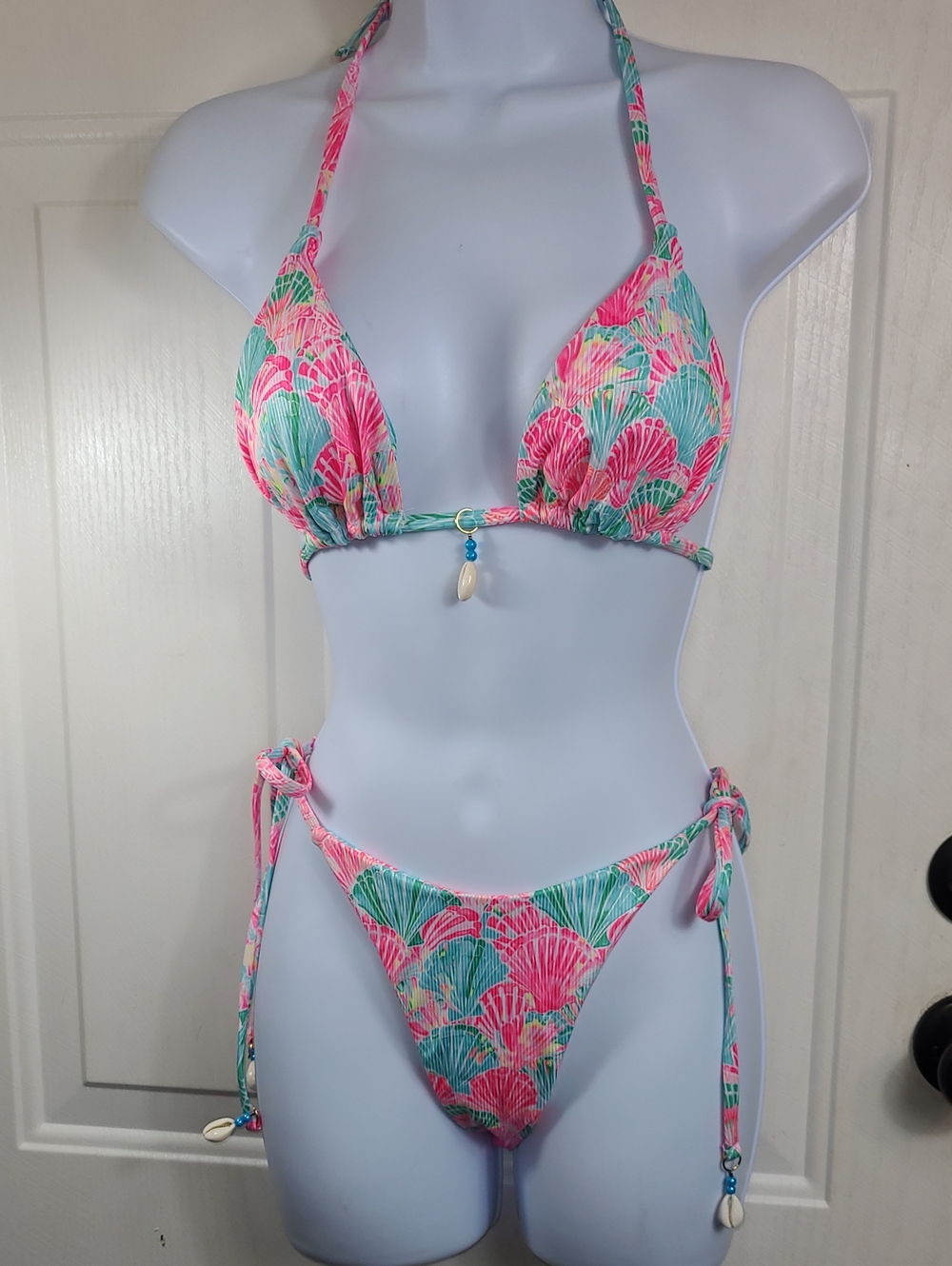 Women’s Shell-Print Tie Bikini Top and Bottom - Pink & Teal